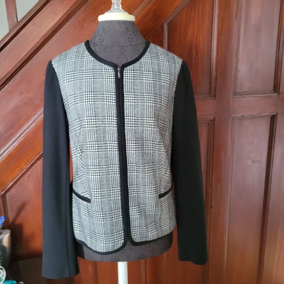Talbots Womens Plaid Open Front Cardigan Blazer Size 10 Black & White - Picture 1 of 6